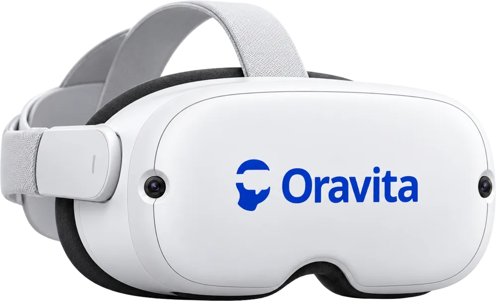 A white VR headset with the Oravita logo