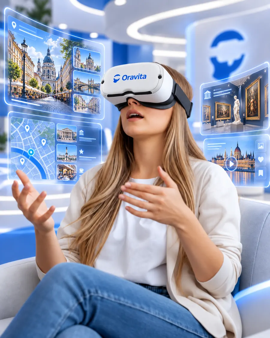 A learner wearing an Oravita headset, surrounded by floating city scenes