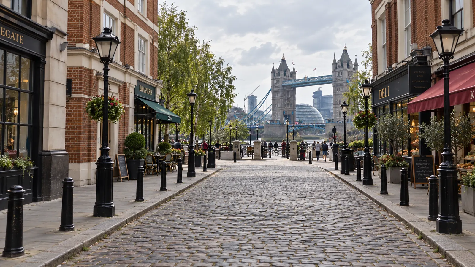 A real London street with shops, lamps and Tower Bridge in the distance