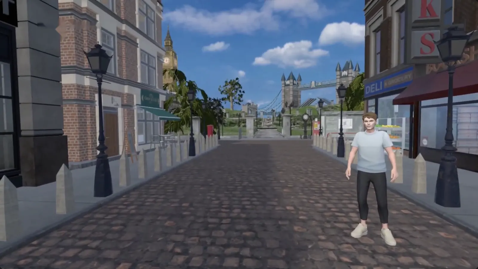 The same street rebuilt as an Oravita scene, with an AI avatar