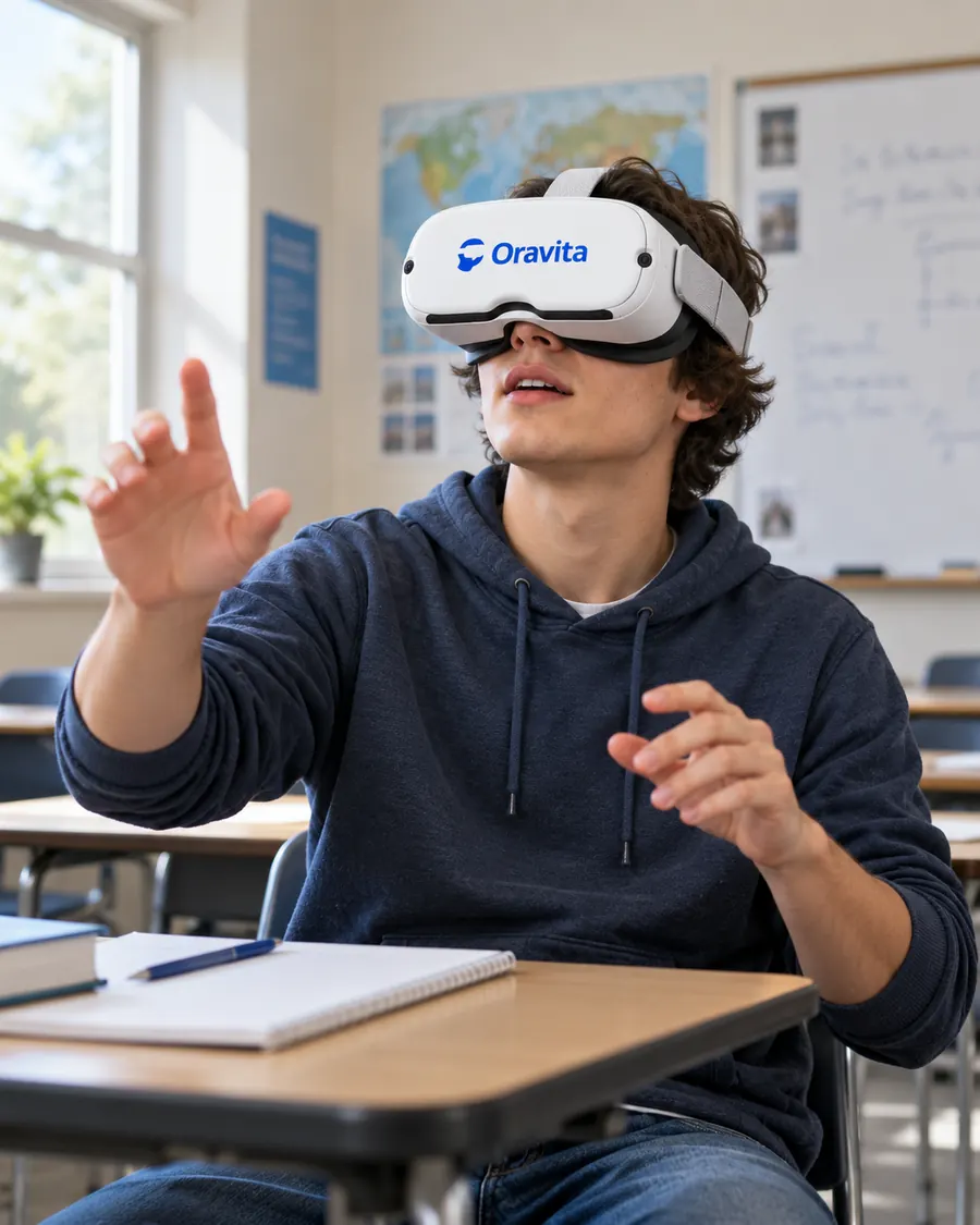 A student at a classroom desk wearing an Oravita headset, reaching out into the scene
